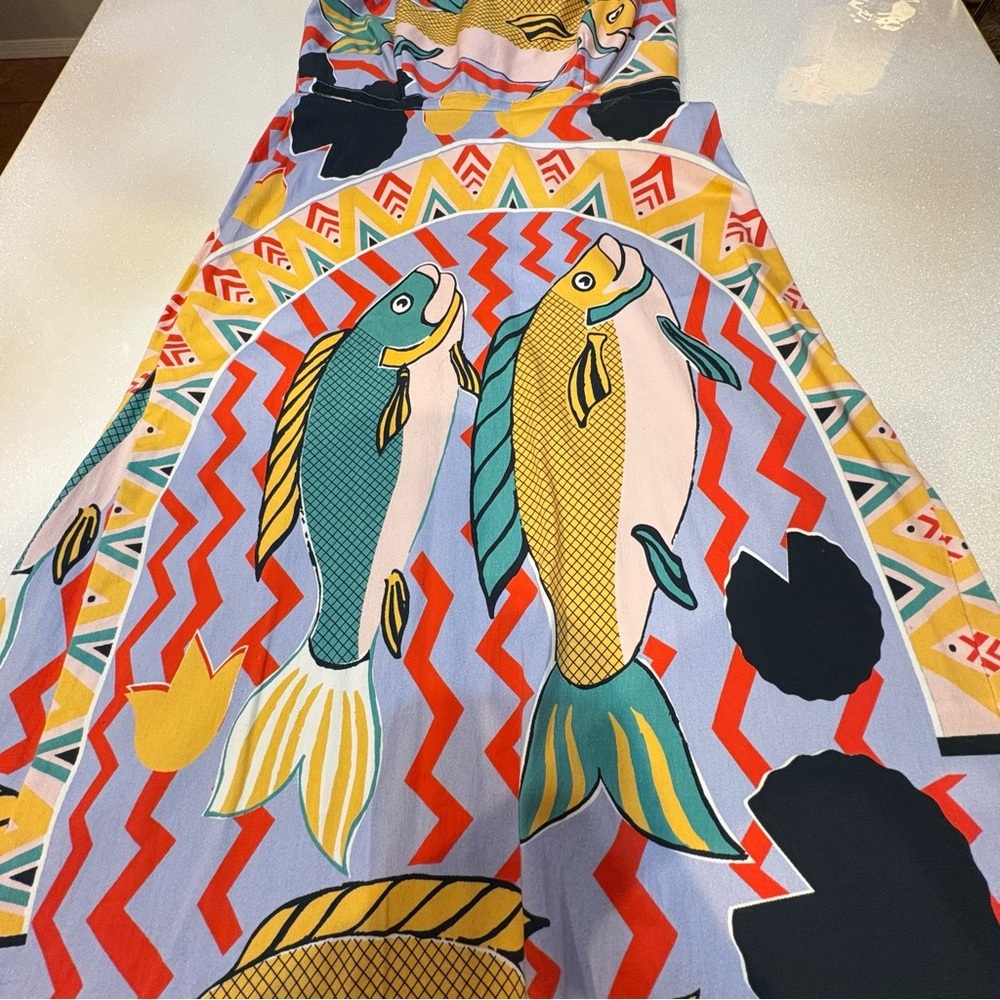 Eva Franco Dress Strapless Bold Fish Print Art To Wear Yellow Blue Black Pink - Picture 2 of 15